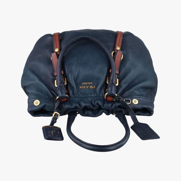 Prada Square Buckle Navy And Brown Leather Shoulder Bag Handbag Purse Tote - Picture 5 of 10